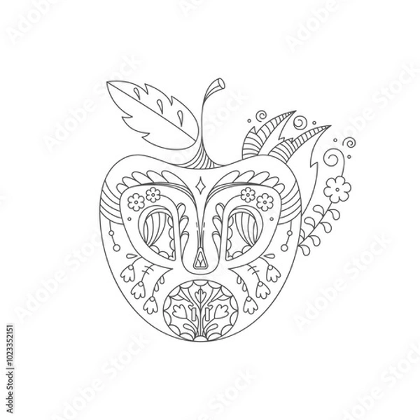 Fototapeta Coloring illustration. Doodle style. Linear drawing of a apple with a decorative elements, floral and leaf motifs, swirls. Fairy-tale and organic look.