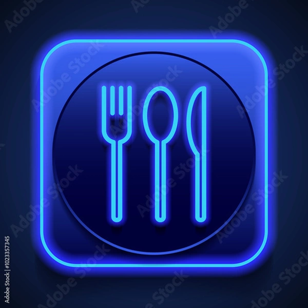 Fototapeta Fork spoon knife simple icon. Flat design. Blue neon style on button. With shadow