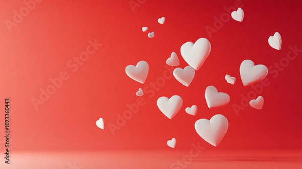 Fototapeta Red background with large white hearts gently falling down