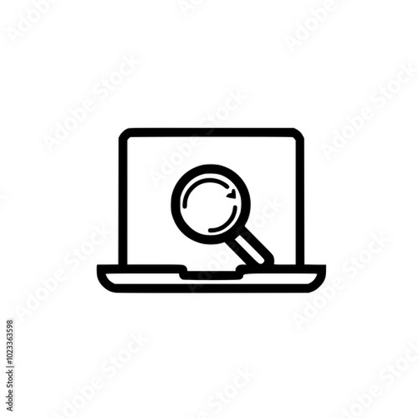 Fototapeta Outline icon depicting a laptop with a magnifying glass symbol on its screen, representing online search or research functionality.