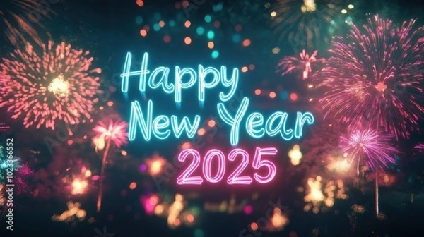 Fototapeta Happy New Year 2025 glowing in bright teal, surrounded by colorful fireworks lighting up the night.