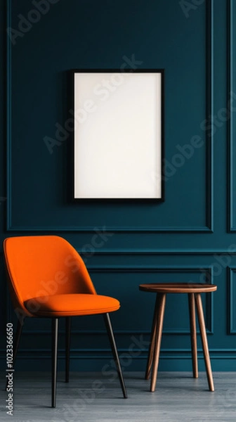 Fototapeta Orange chair and small table in a teal room with a framed print.