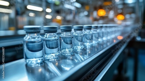 Fototapeta A row of clear bottles on a conveyor belt