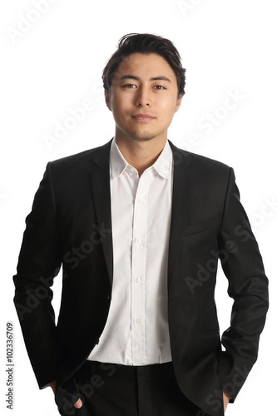 Fototapeta An attractive businessman wearing a black blazer with a white shirt, standing against a white background looking at camera. Smile on his face. 