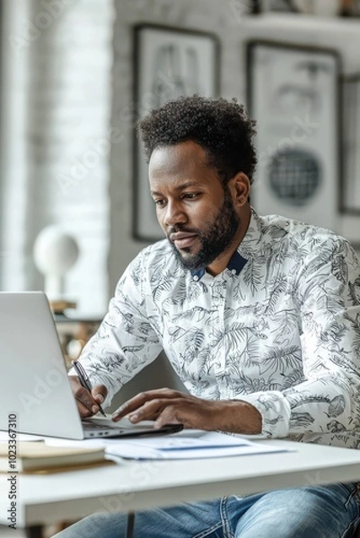 Obraz Focused man in a white shirt sitting at a desk writing notes while using a laptop in a modern office setting.