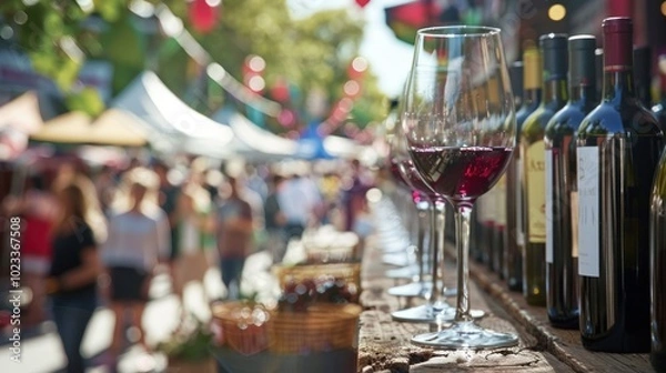 Obraz Wine glasses and bottles line a wooden counter at the Bordeaux wine festival, where colorful tents and festive decorations enhance the vibrant atmosphere of the street