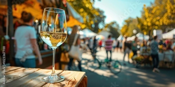 Obraz A glass of white wine sits elegantly on a wooden table, capturing the lively atmosphere of the Bordeaux wine festival. Stalls and colorful canopies create a festive backdrop
