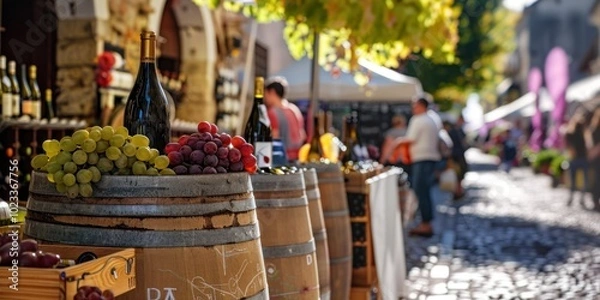 Obraz A vibrant street is lined with wine barrels filled with grapes, showcasing the rich culture of Bordeaux during a lively wine festival in an inviting autumn atmosphere