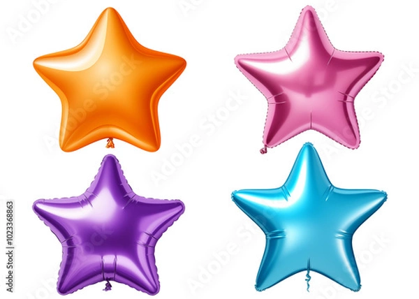 Fototapeta Set of star foil balloons on transparent white background