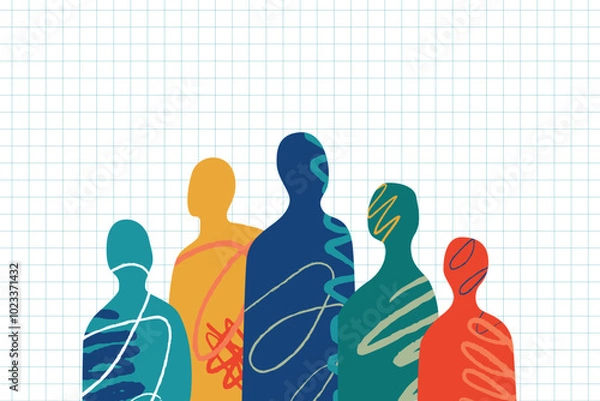 Fototapeta The group of abstract cut out multicolored silhouettes of people is a metaphor for individuality and talent.