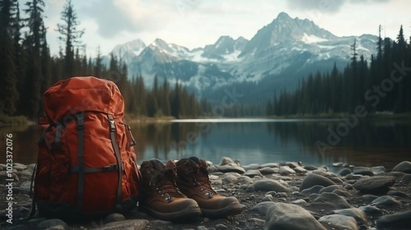 Fototapeta A red backpack and hiking boots sit on the ground near rocks, with mountains in the background.