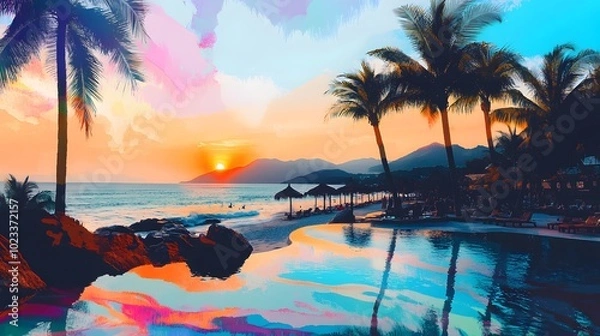 Fototapeta A vibrant and colorful collage featuring tropical beach scenes, palm trees, sunsets over the ocean, poolside scenes