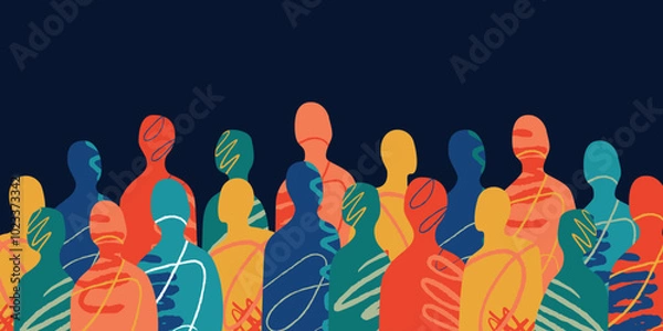 Fototapeta A crowd of abstract multicolored silhouettes of people made in the collage style. A metaphor of unity and partnership.