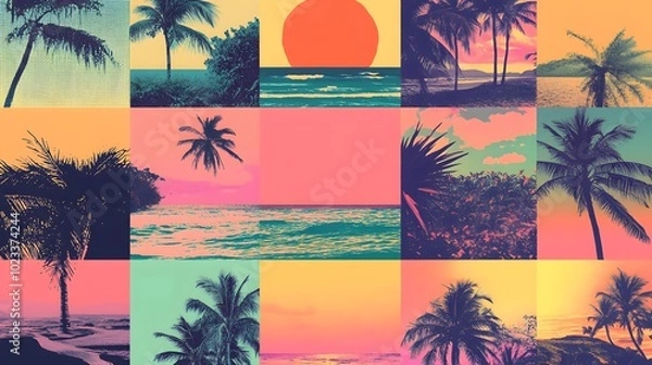 Fototapeta A vibrant and colorful collage featuring tropical beach scenes, palm trees, sunsets over the ocean, poolside scenes