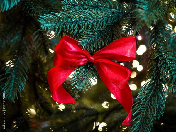 Obraz Red ribbons and bows decorations on a christmas tree close up