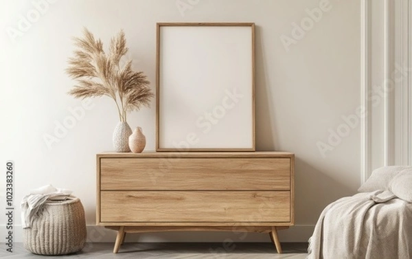 Fototapeta Contemporary Scandinavian living room featuring a wooden dresser with a blank mock-up poster frame prominently displayed. 