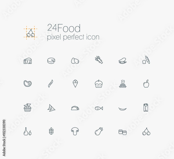 Fototapeta Food vector pixel perfect thin line symbol icon set.