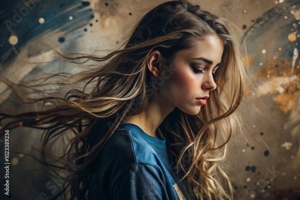 Fototapeta Portrait of a beautiful, young girl with a thoughtful look. The hair develops and creates a feeling of lightness and naturalness.