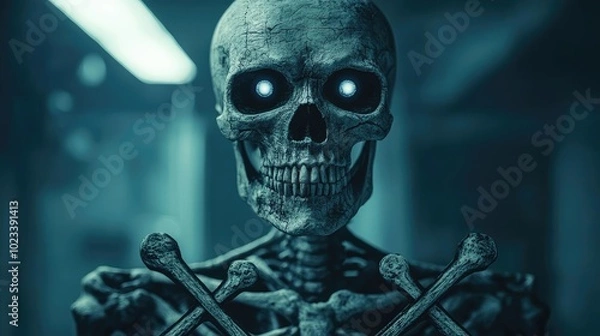 Fototapeta A chilling skeleton with glowing eyes, set in a dark, mysterious environment. Perfect for spooky themes and Halloween imagery.