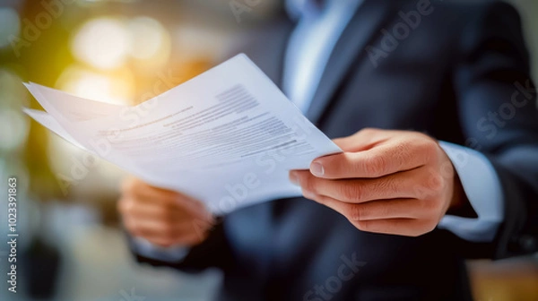 Obraz A close-up of a businessman in a suit carefully reviewing paperwork, set against a blurred office background. The image symbolizes professionalism, business decisions, and corporate communication.