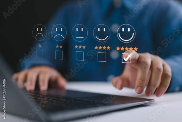 Obraz User give rating to service experience on online application, Customer review satisfaction feedback survey concept, Customer can evaluate quality of service leading to reputation ranking of business.