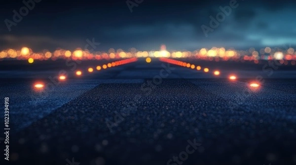 Fototapeta A dimly lit runway with illuminated edge lights, indicating an airport environment at night.