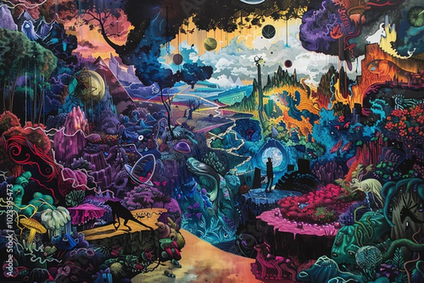 Fototapeta Capture a wide-angle view tragedy narrative in acrylic painting style, focusing on intricate details and depth Integrate bold graphic design trends like vibrant gradients and surreal elements to make