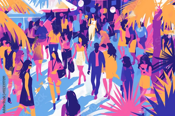 Fototapeta Craft a colorful vector illustration of an outdoor fashion event seen from a birds-eye view Infuse the scene with Freudian concepts influencing the attire choices Play with unconventional camera angle