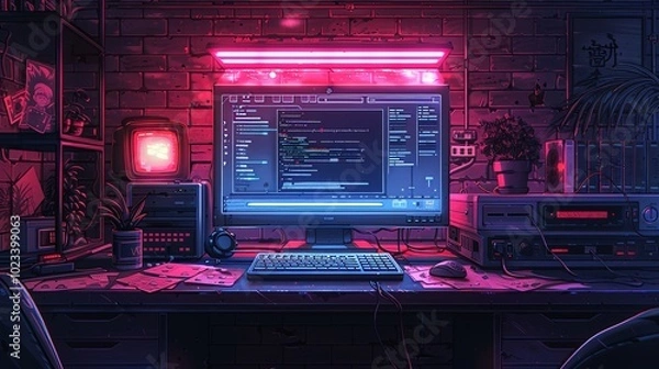 Obraz Retro y2k page, computer window interface. Vector pc desktop. Blue, rave screen background in old 2000s aesthetic style with loading bar, program error, e-mail, puzzle game, player, login and password