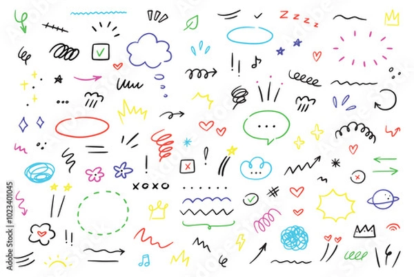 Fototapeta Hand drawn marker simple elements set. Grunge doodle underlines, icons, emphasis, speech bubbles, arrows and shapes. Vector illustration isolated on white background.