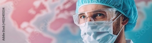Obraz A healthcare professional wearing protective gear, including a face mask and goggles, stands against a world map backdrop, symbolizing global health awareness.