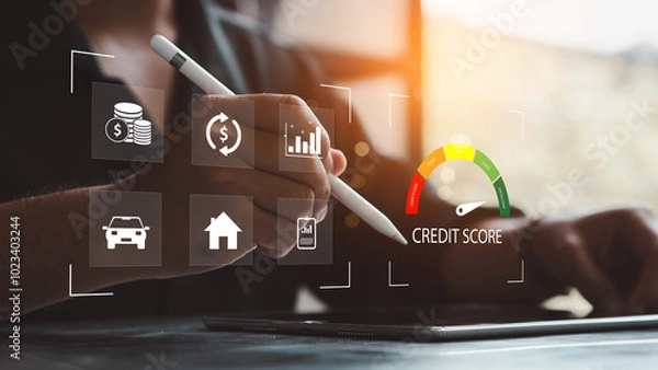 Fototapeta Businessman evaluate customer statistical data with credit score icon. Credit score concept.  Online credit score ranking check. Loan, mortgage and payment cards.