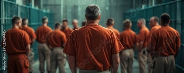 Obraz A group of men in orange jumpsuits walk down a prison hallway.
