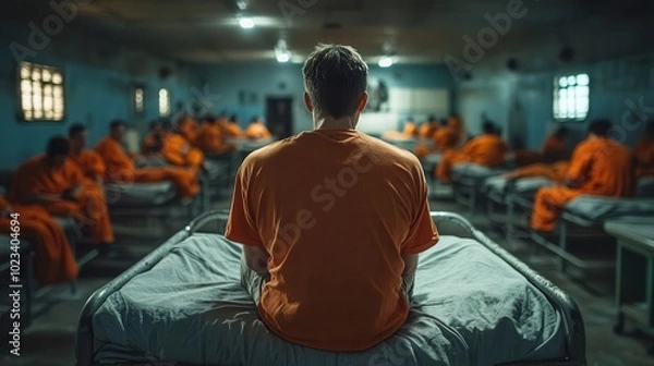Obraz A lone prisoner sits on a bunk bed in a crowded prison cell, his back to the camera, reflecting on his situation.