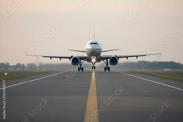 Fototapeta Front View of a Passenger Airplane on the Runway, airplane nose, jetliner, airport, flight takeoff, travel, flying, 