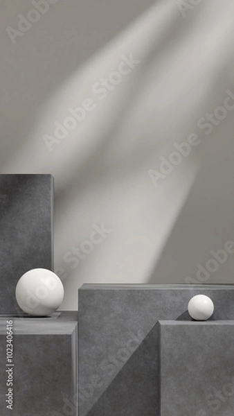 Fototapeta Portrait concrete podium sun shadow white wall with sphere 3d rendering product mockup template