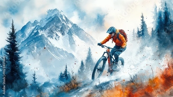 Fototapeta Two mountain bikers navigate a winding trail in a snowy alpine setting, surrounded by towering peaks and pine trees. the dynamic scene thrill and adventure of cycling in winter. ideal for outdoor