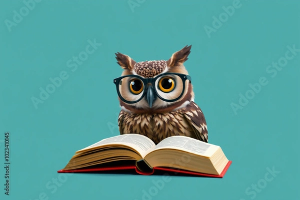 Fototapeta Wise Owl with Glasses and Book - Symbol of Knowledge and Wisdom.generative AI