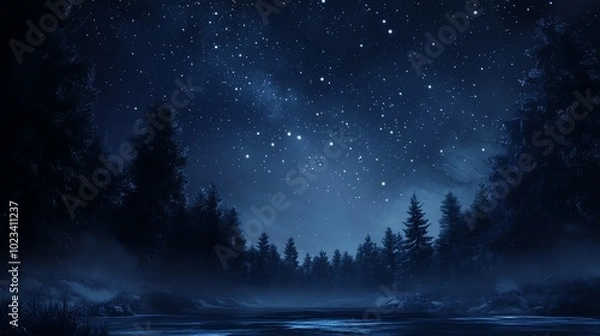 Fototapeta Starry night sky over tranquil forest lake