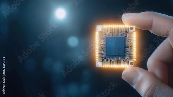 Fototapeta Hand holding a glowing computer chip.