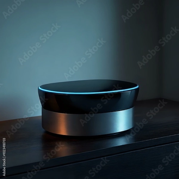 Fototapeta Modern Round Bluetooth Speaker on Wooden Surface with Blue Light - Close Up