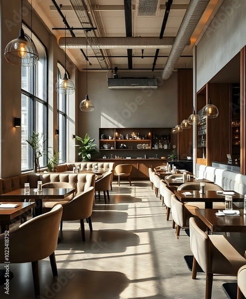 Fototapeta Modern Empty Café with Wooden Flooring and Artwork, Natural Light Streaming In