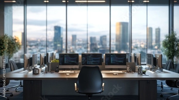 Fototapeta Modern office workspace with multiple computer monitors and a city view.