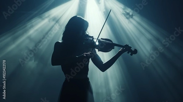 Obraz Silhouetted Violinist Performing on Darkened Stage Under Spotlight