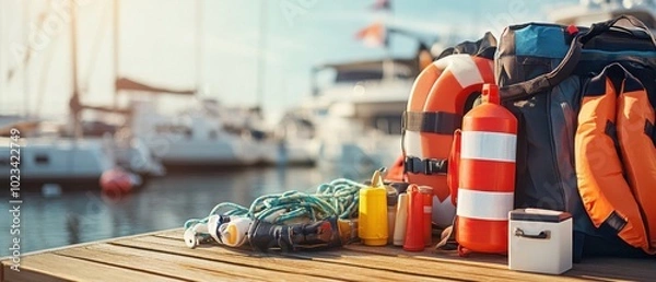 Obraz Well Organized Boat Safety Kit on Dockside