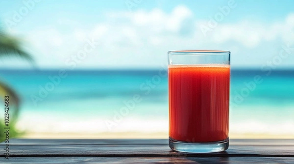 Fototapeta Fresh tropical juice with a blurred beach in the background