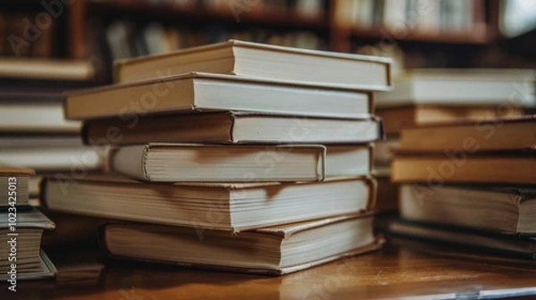 Fototapeta Stack of Books on a Wooden Table in Library Setting
