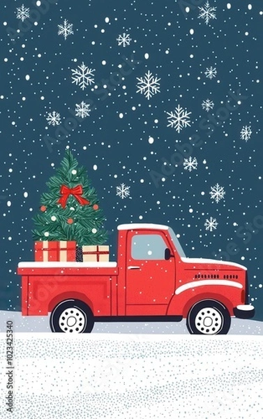 Fototapeta Red truck with Christmas tree, snowy background