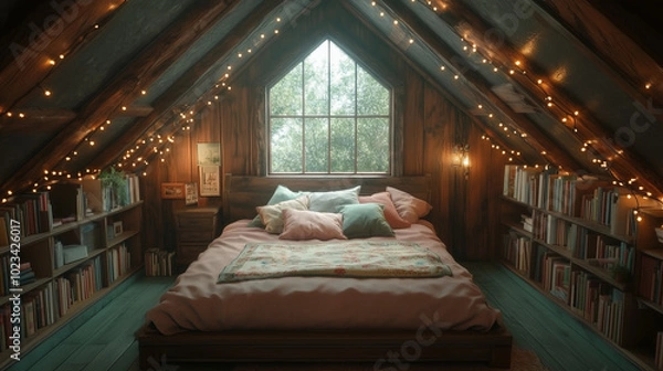 Fototapeta Cozy Attic Bedroom with String Lights, Bookshelves & Large Window Overlooking Nature