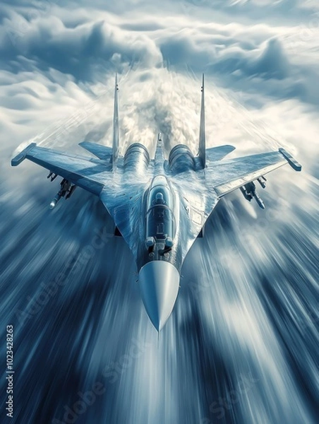 Fototapeta A sleek fighter jet soaring through clouds, leaving a vapor trail, showcasing power and speed in a dramatic aerial view.